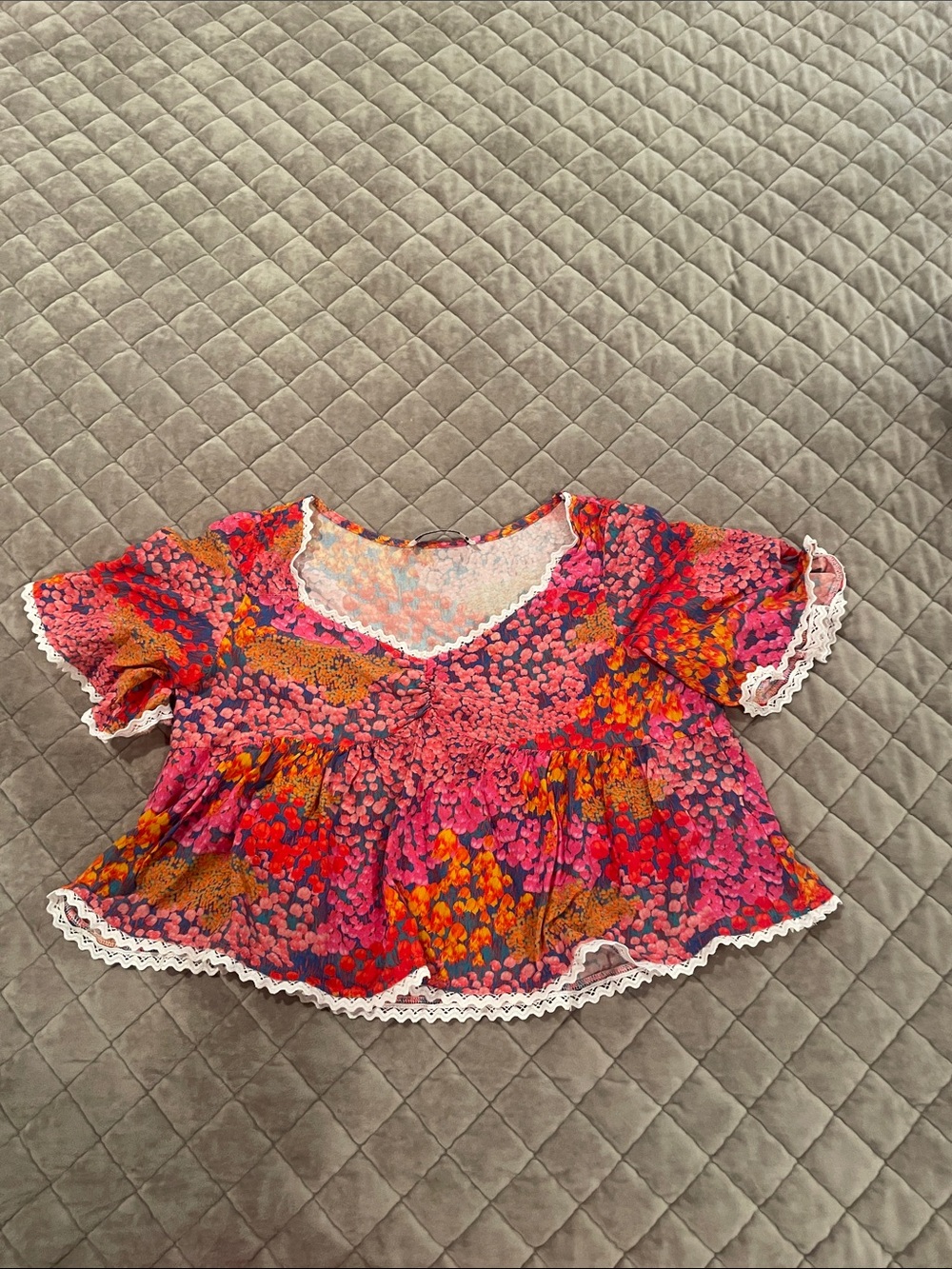 Womens Floral Ruffle Peplum Top in Pink and Orange with Lace Trim